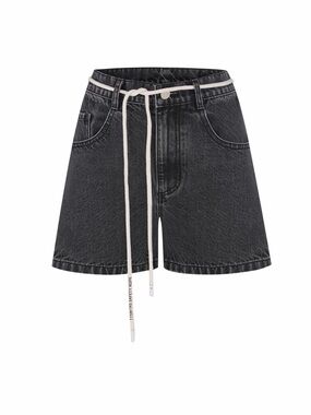 Black Denim High-Waist Jean Shorts with Contrast Drawstring